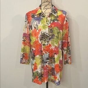 Ali Miles textured burnout multi color button front shirt top L